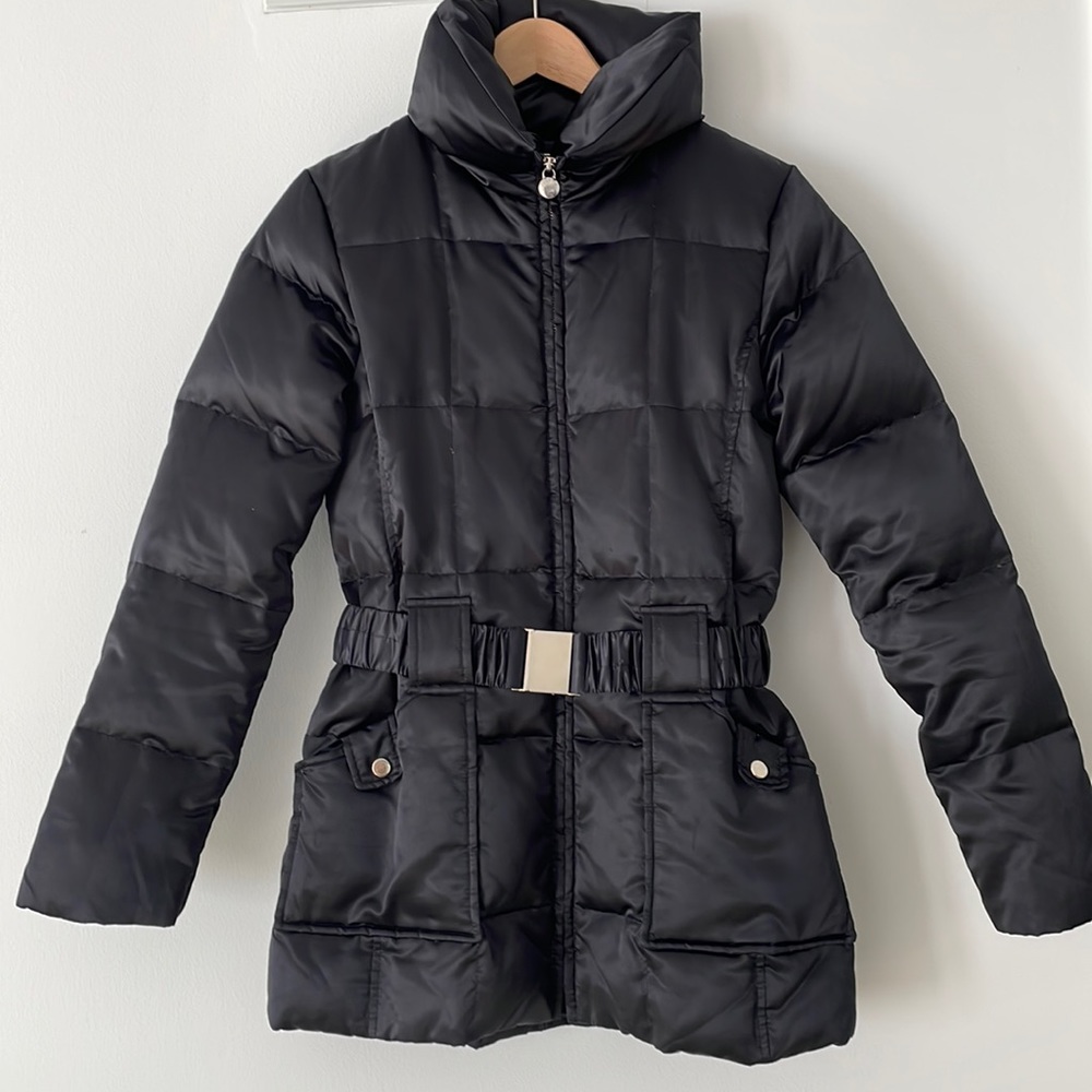 VGUC laundry by design size M belted down coat with cozy funnel collar